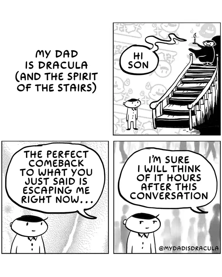 A four-panel comic strip where a son is startled by his father, who is depicted as Dracula at the top of a staircase. The…