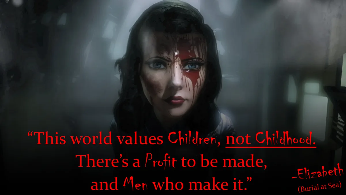 A dark, atmospheric image features a woman with blood streaked across her face, looking directly at the viewer. Overlaid in…