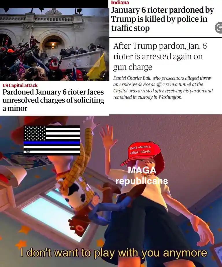 The image shows a meme with two sections. The top section displays news headlines about January 6 rioters being pardoned by…