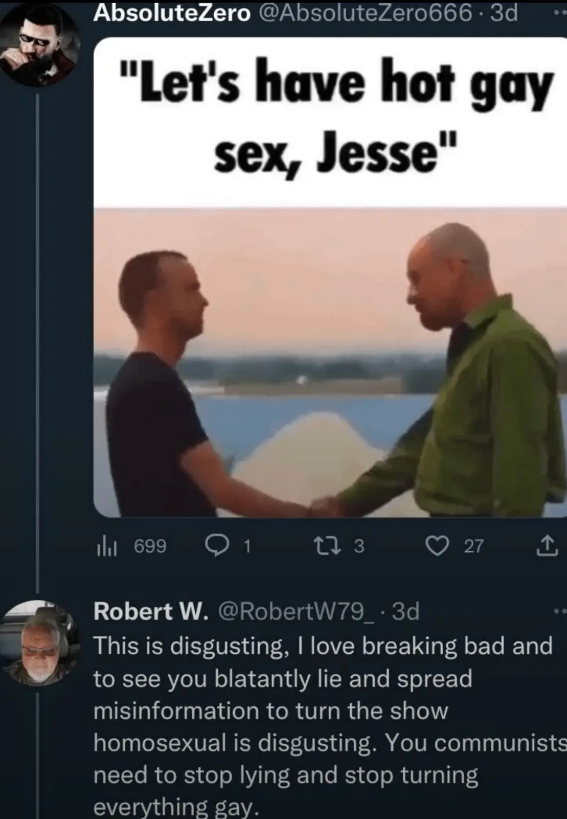 Two men, Jesse Pinkman and Walter White from 'Breaking Bad', are shown shaking hands outdoors with a sunset in the…