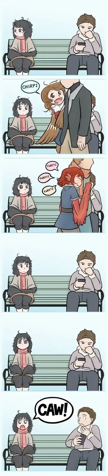 A five-panel comic shows a girl sitting alone on a bench watching a boy on his phone. A bird with a human face and suit…