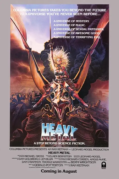 The image is the original movie poster for 'Heavy Metal' (1981), featuring a blonde woman with wild hair riding a large…