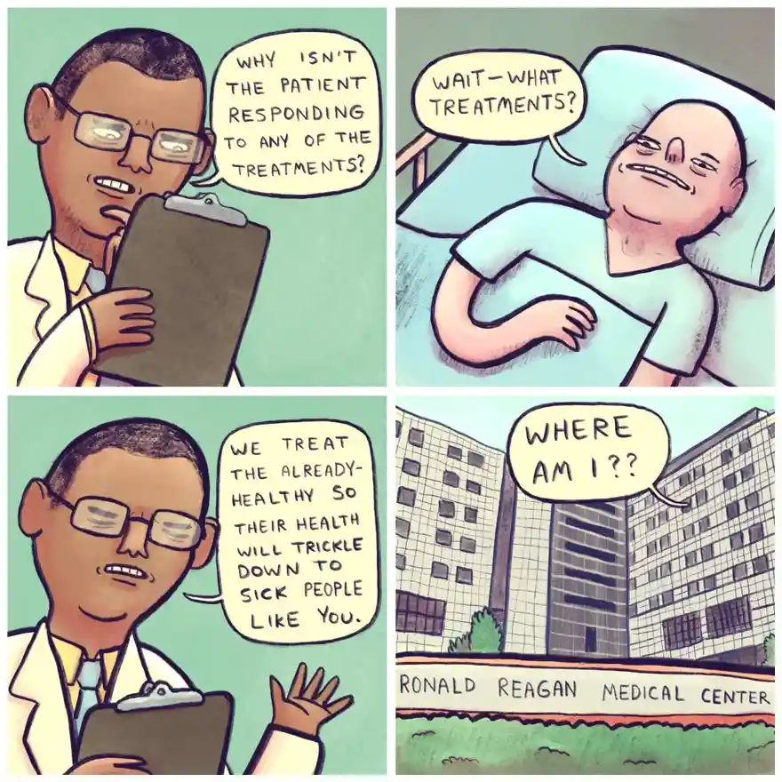 A four-panel comic shows a doctor questioning why a patient isn't responding to treatments, the patient confusedly asks what…