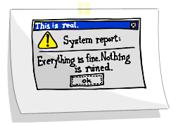 A cartoon-style paper note pinned to a surface, mimicking a computer system report window with a yellow warning triangle…