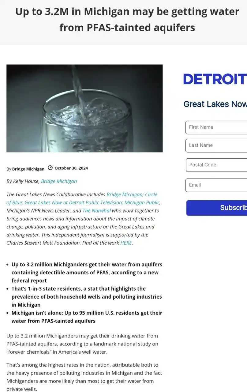 Warning: Up to 3.2 Million in Michigan at Risk from PFAS-Tainted Water