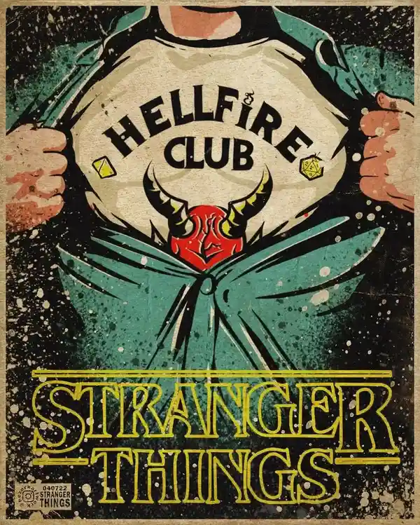 A stylized poster shows a person ripping open their teal jacket to reveal a white t-shirt with 'HELLFIRE CLUB' and a red…