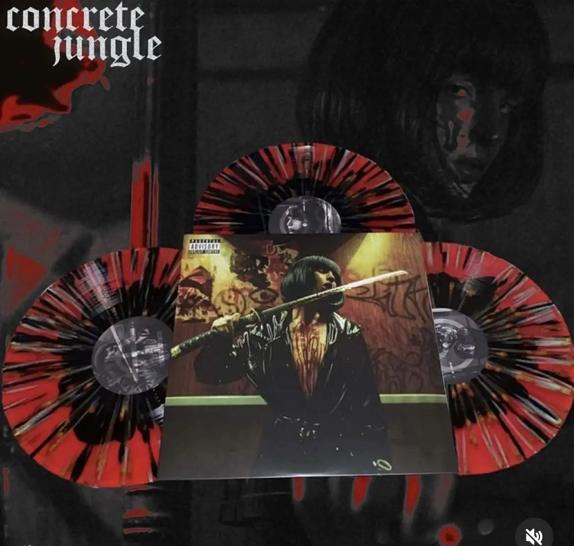 The image displays the album cover for 'Concrete Jungle' featuring a person with a bob haircut holding a sword, with blood…