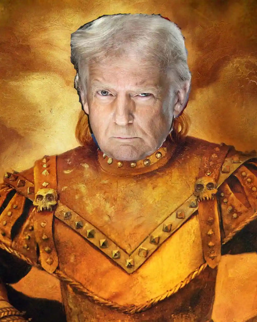 The image shows a digitally altered portrait of Donald Trump with his head superimposed onto a medieval-style armored torso…