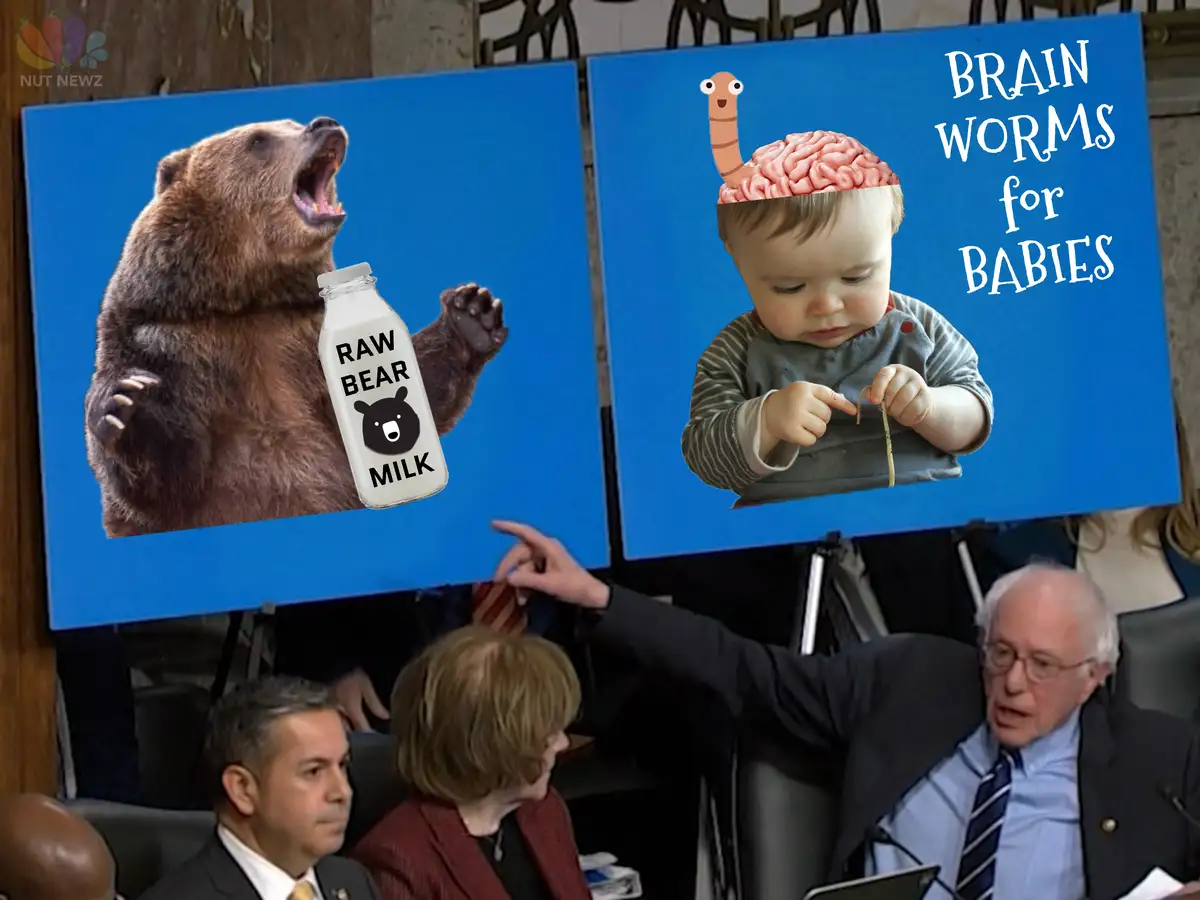Two large blue screens show a roaring brown bear holding a bottle labeled 'RAW BEAR MILK' and a baby with a brain and worm…