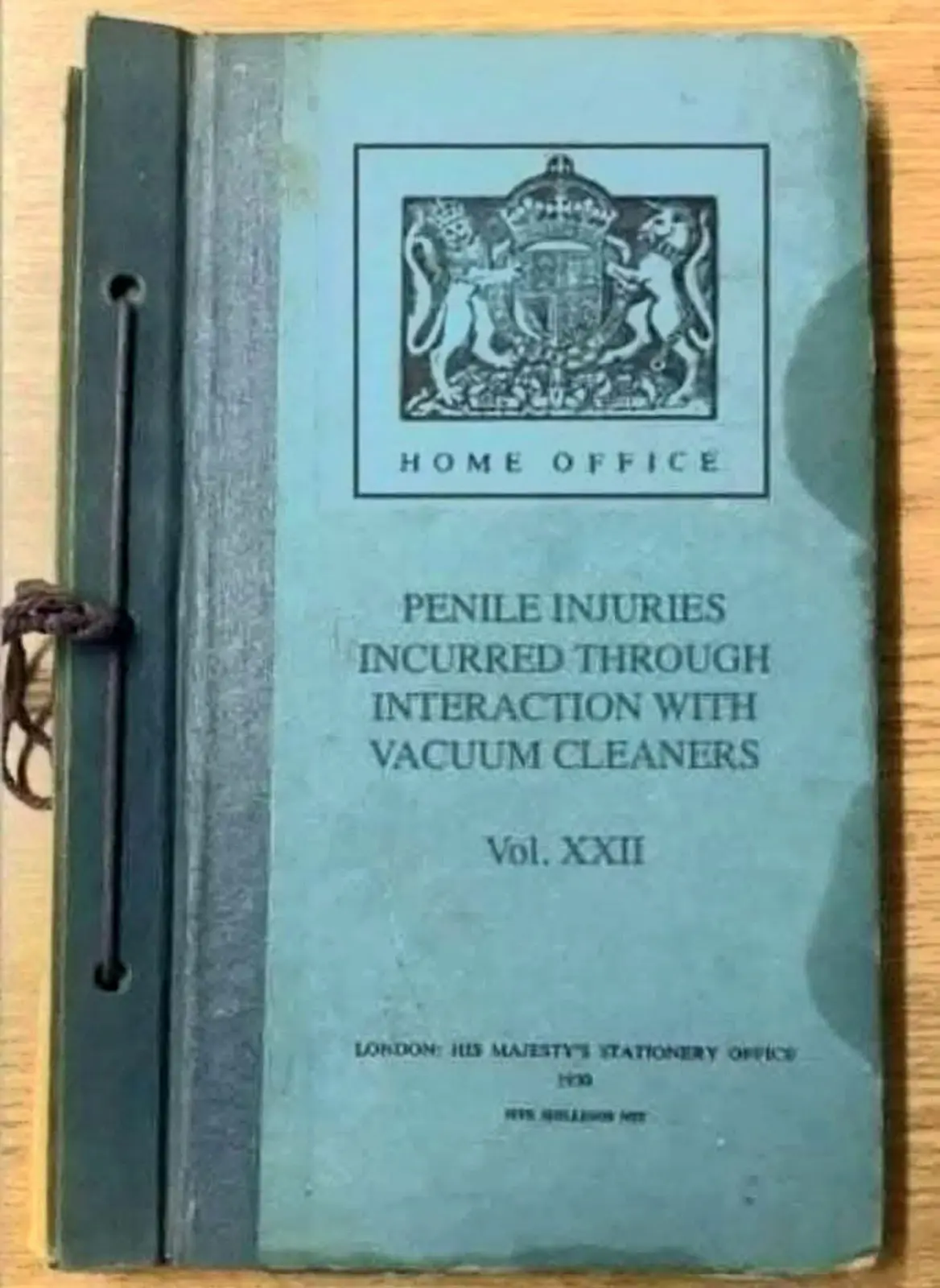 A vintage-looking government document with a 'HOME OFFICE' crest and text that reads 'PENILE INJURIES INCURRED THROUGH…