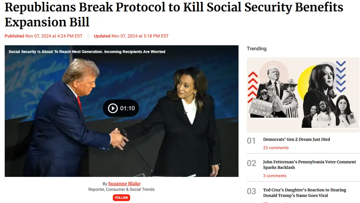 A screenshot of a news article from Nov 7, 2024, featuring a video thumbnail of Donald Trump and Kamala Harris shaking…