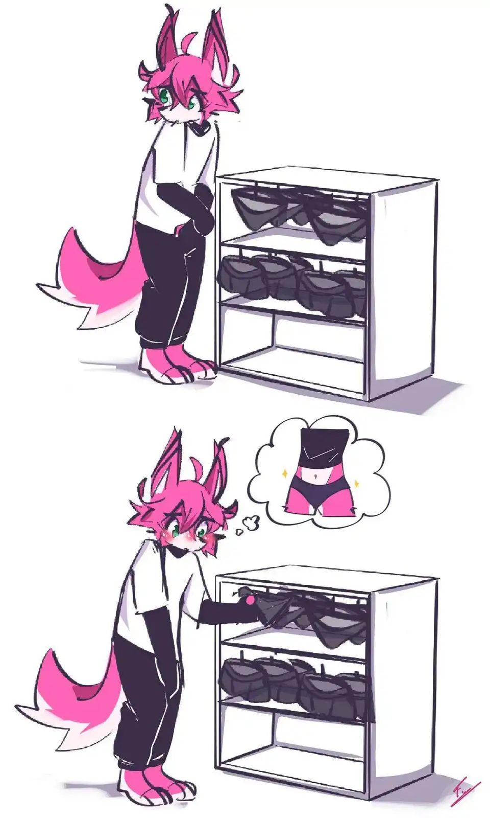 A pink-furred anthropomorphic fox with green eyes stands before a white shelving unit filled with black underwear. In the…