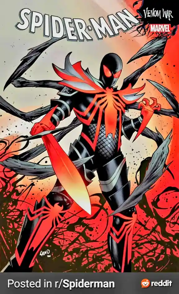 A comic book cover of Spider-Man in a black and red armored suit with glowing red eyes, surrounded by black tendrils and…