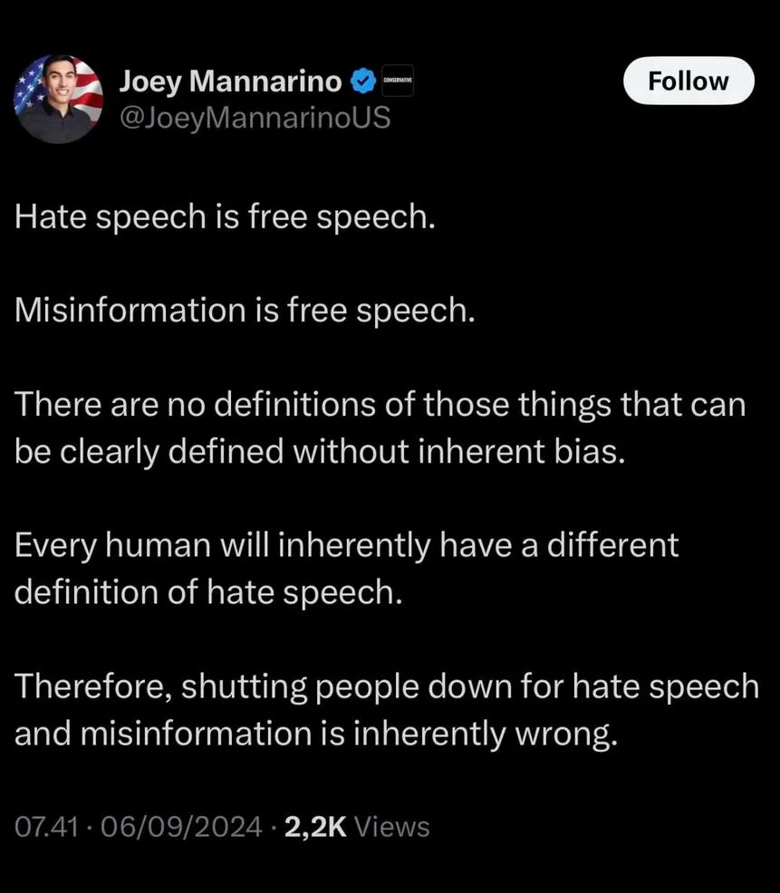 A screenshot of a tweet by Joey Mannarino showing white text on a black background. The tweet contains five lines of text…