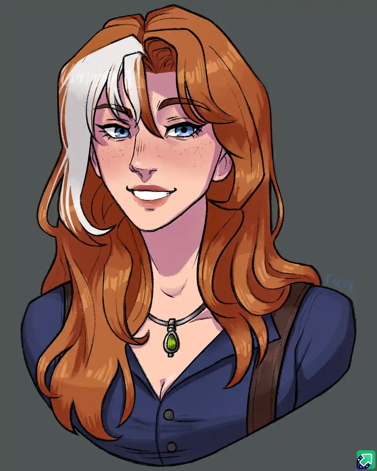 A digital illustration of a woman with long, wavy auburn hair featuring a prominent white streak on the left side, blue…