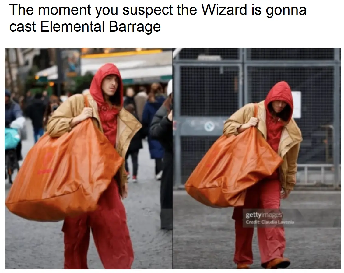 A split image shows a person in red rain gear and a tan jacket carrying a large orange bag, looking alert in the left panel…