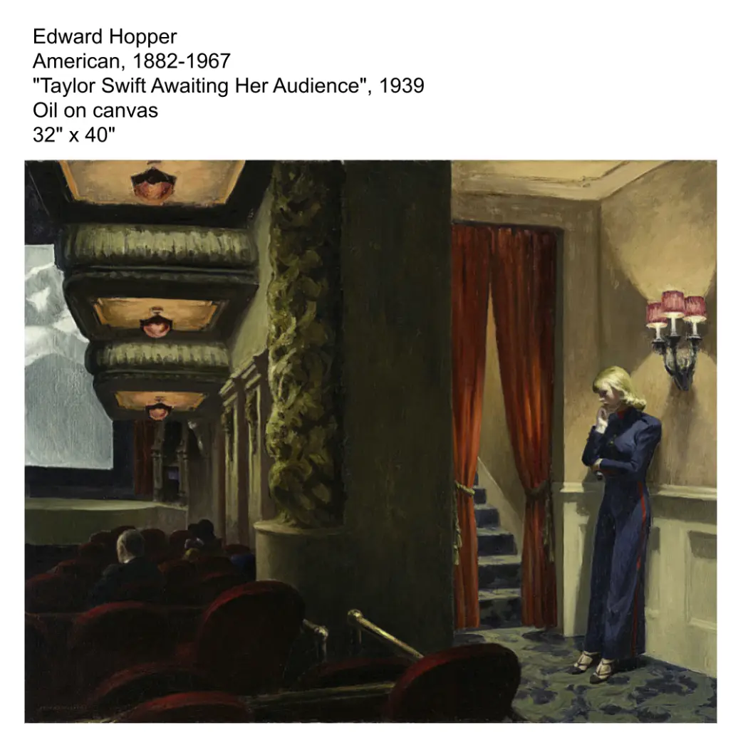 This image is a meme featuring Edward Hopper's 1939 painting 'Taylor Swift Awaiting Her Audience,' which depicts a blonde…