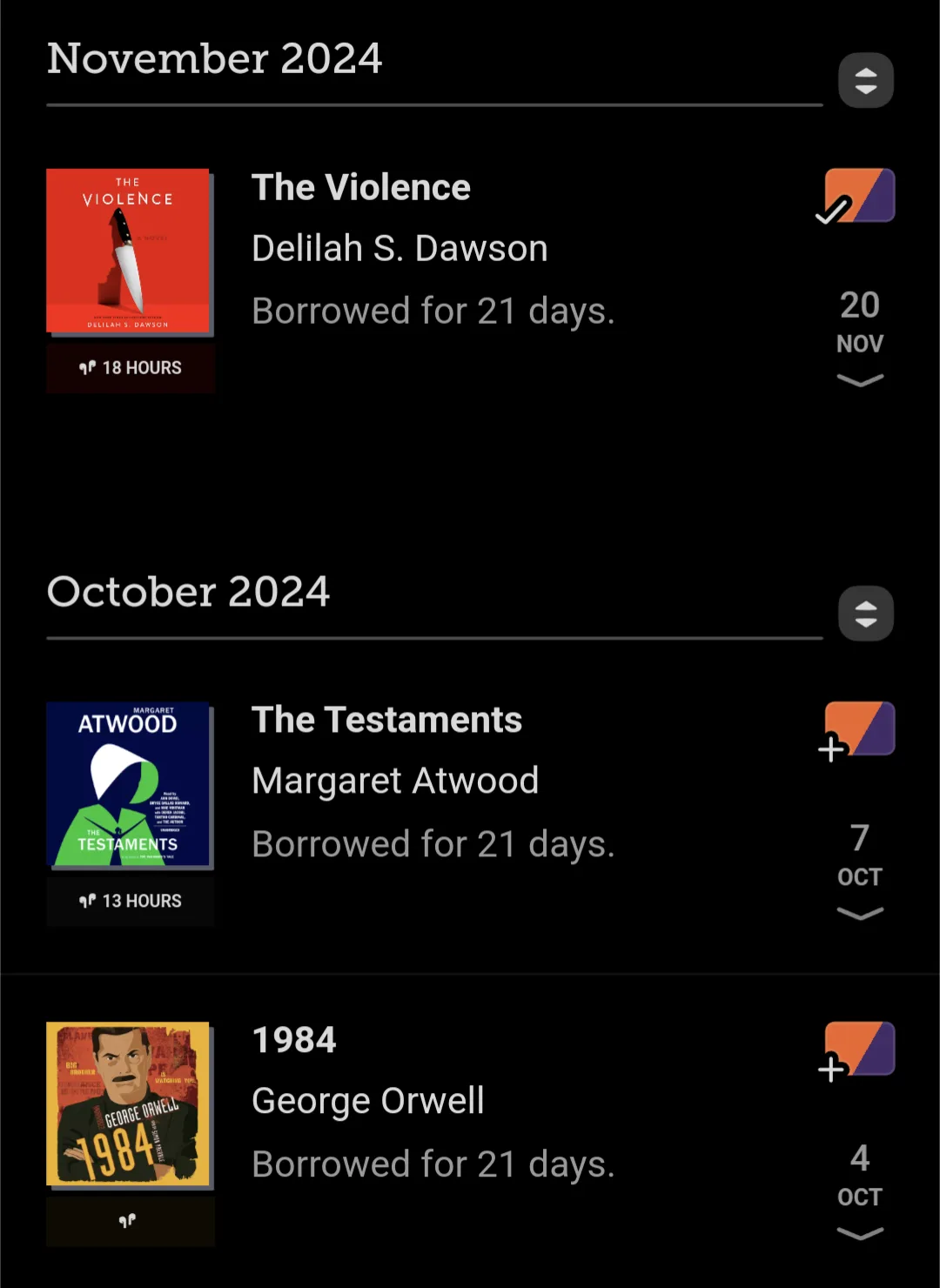 A screenshot of a digital library app showing three audiobooks: 'The Violence' by Delilah S. Dawson (completed, marked with…