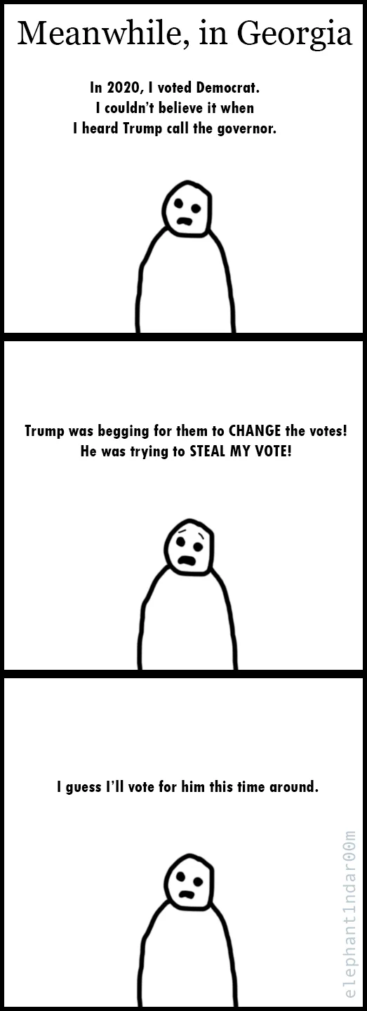 A three-panel comic strip featuring a simple stick figure with a shocked expression. The top panel says 'Meanwhile, in…