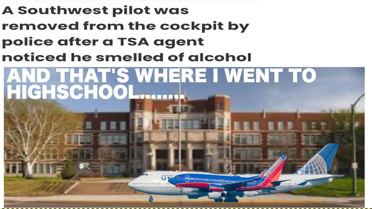An image of a Southwest Airlines plane superimposed on a photo of a brick high school building. The text at the top reads 'A…