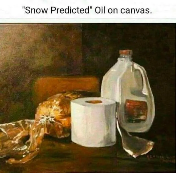 A still life oil painting depicts a roll of toilet paper, a plastic-wrapped loaf of bread, and a jug of milk on a wooden…