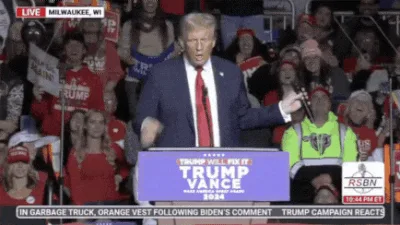 A split-screen image shows Donald Trump at a campaign rally in Milwaukee, WI, speaking at a podium with 'TRUMP WILL FIX IT…