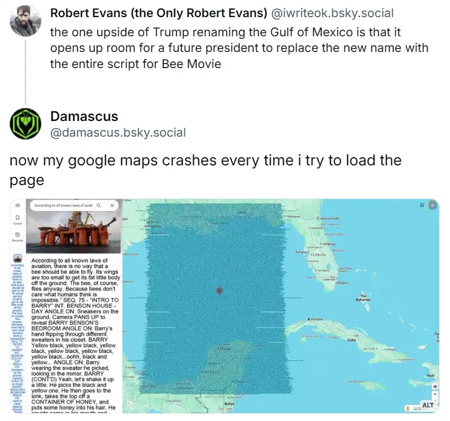 A screenshot of a Twitter thread shows a user joking that Google Maps crashes when they try to load a map of the Gulf of…