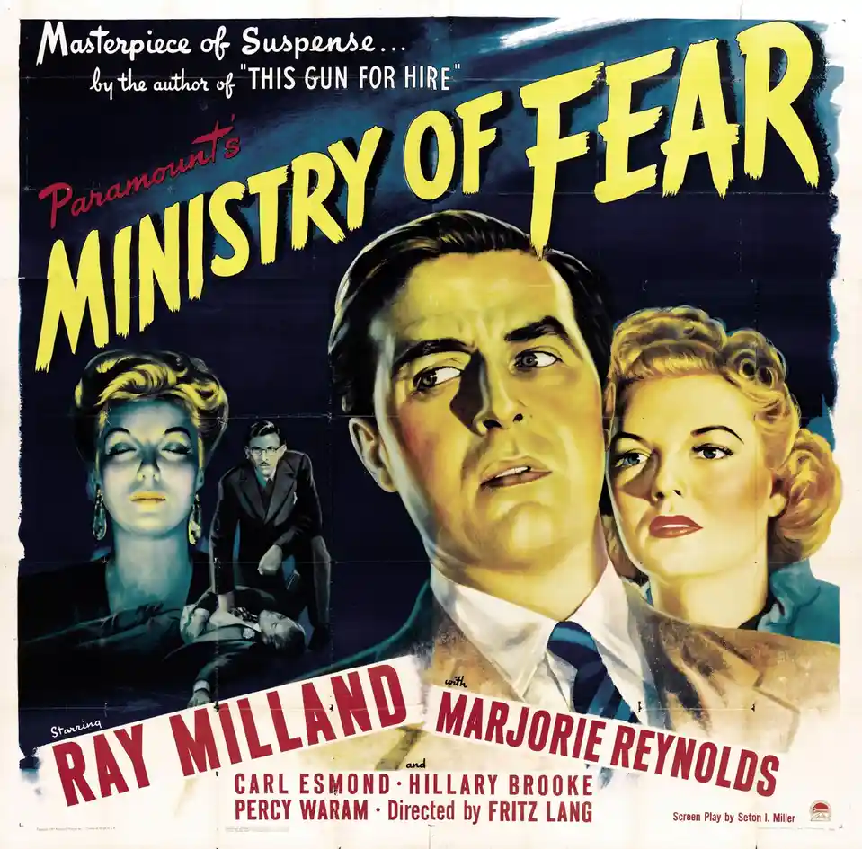 This is a vintage movie poster for 'Ministry of Fear,' a Paramount film from 1943. The poster features dramatic artwork of…