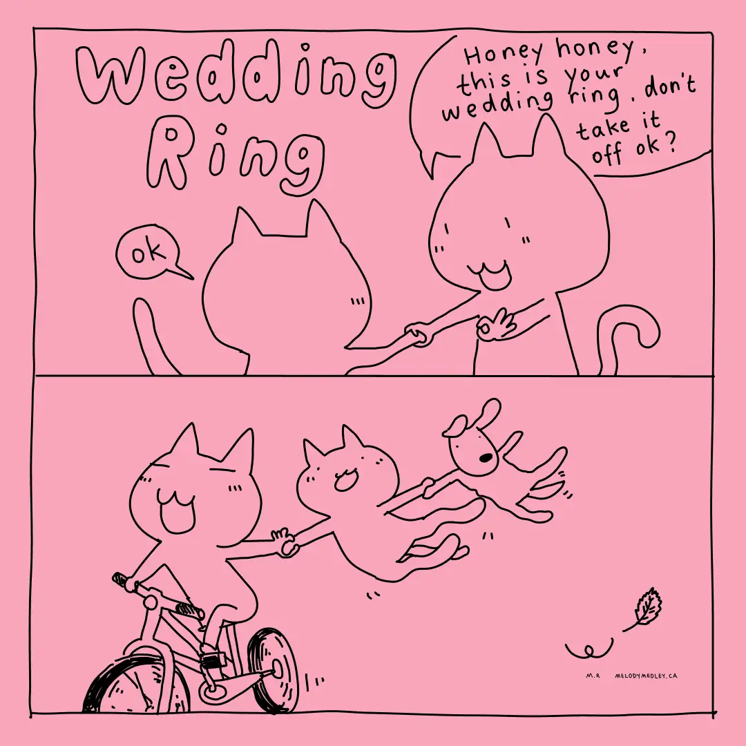 A two-panel comic with pink background and black line art. Top panel: A cat presents a ring to another cat, saying 'Honey…
