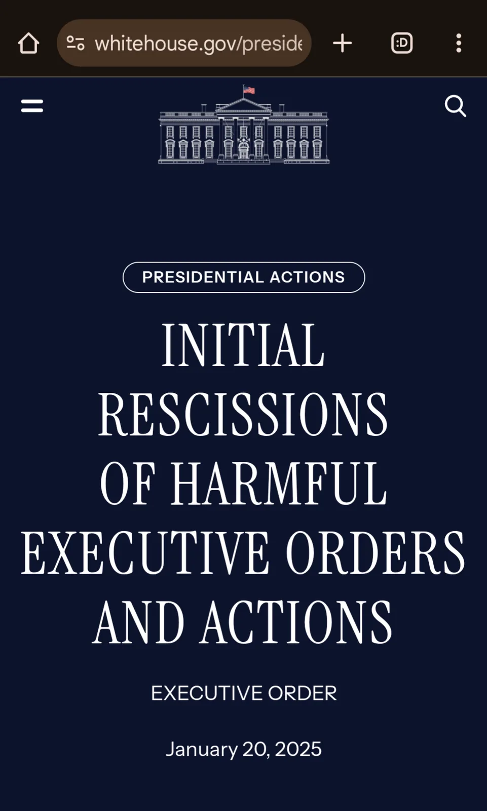 A screenshot of a smartphone browser displaying the White House website, showing a page titled 'INITIAL RESCISSIONS OF…