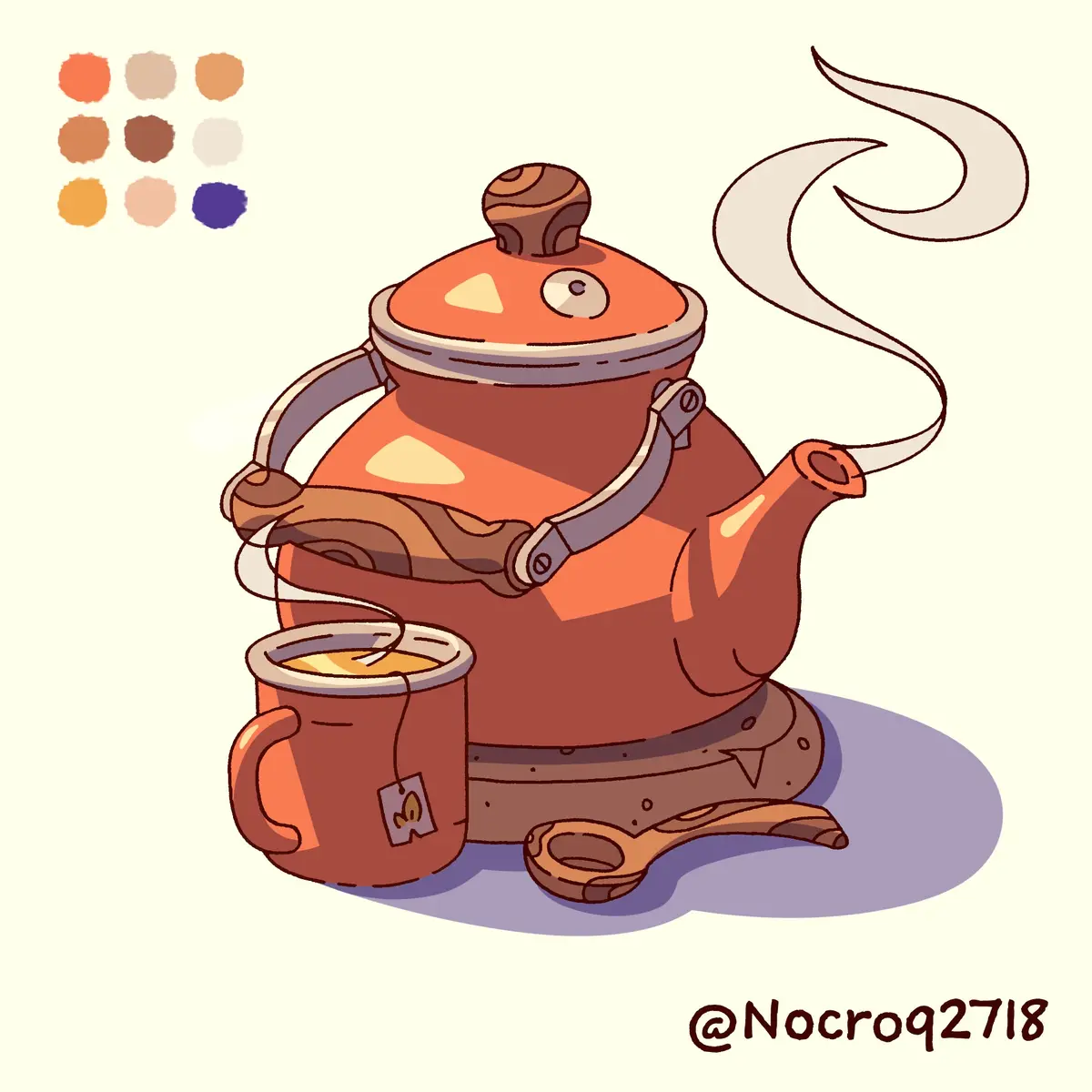 A cartoon-style illustration shows a steaming, orange-brown teapot with a single eye on its lid, sitting beside a matching…