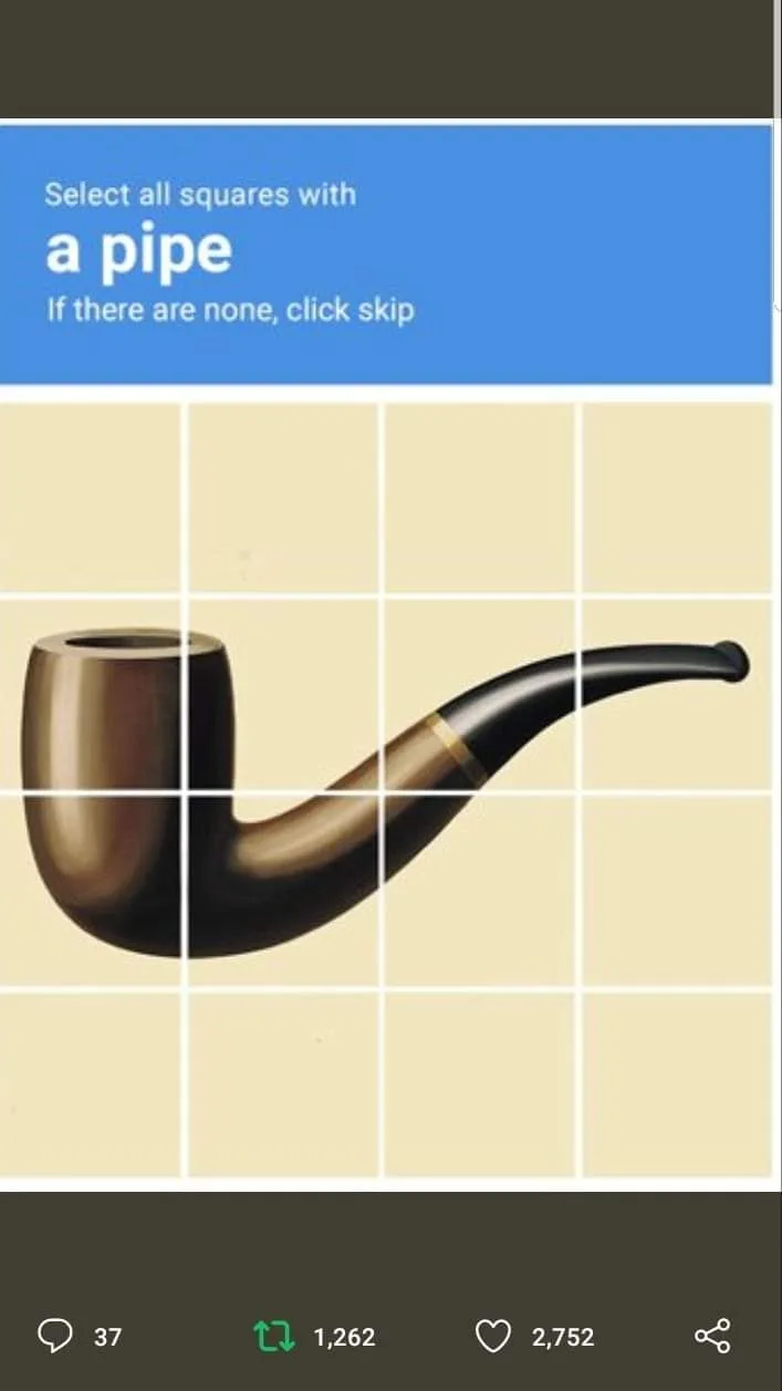 An image shows a classic tobacco pipe overlaid on a grid of squares, with text at the top instructing to 'Select all squares…