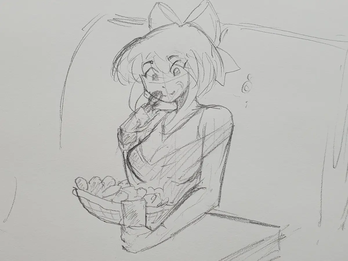 A pencil sketch of an anime-style girl with a large bow in her hair, sitting and eating something while holding a basket…