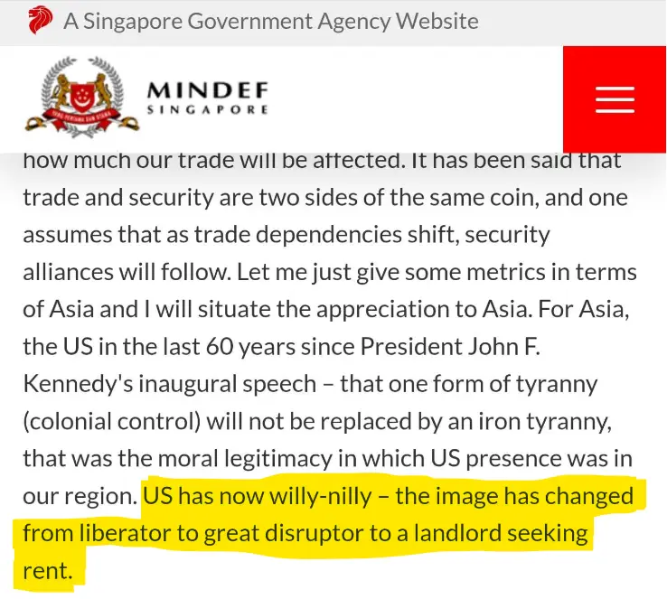 A screenshot of a Singapore Ministry of Defence (MINDEF) webpage shows a paragraph of text with a specific sentence…
