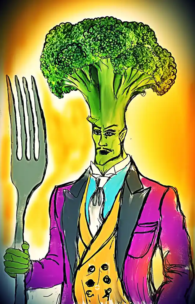 A cartoon illustration depicts a humanoid figure with a large broccoli floret for a head, wearing a colorful suit with a…