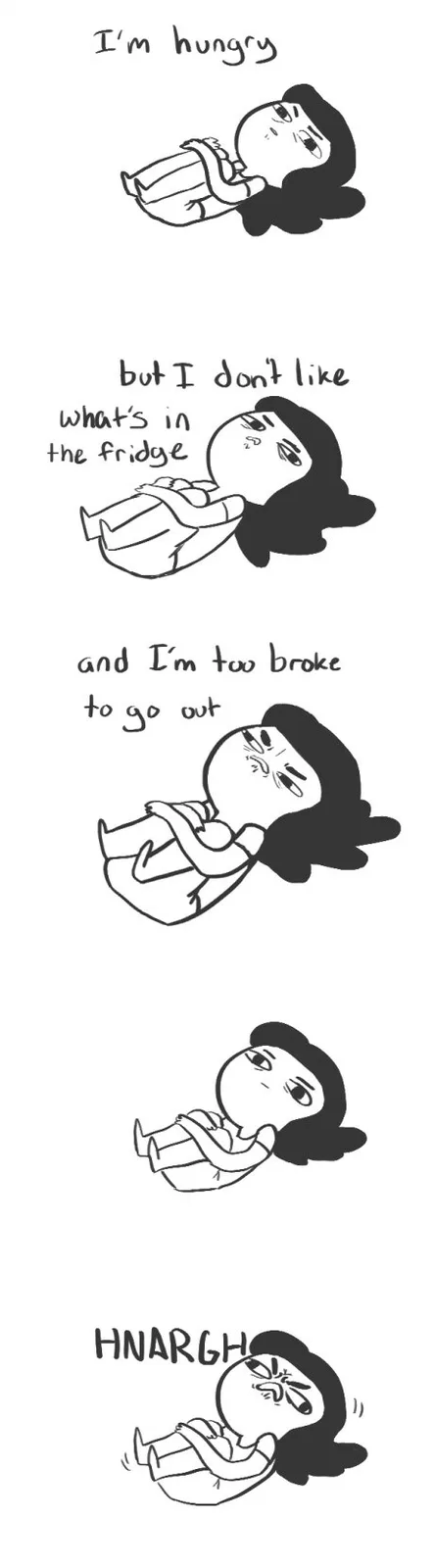 A five-panel black-and-white comic strip shows a cartoon woman lying down, expressing escalating frustration. The text…
