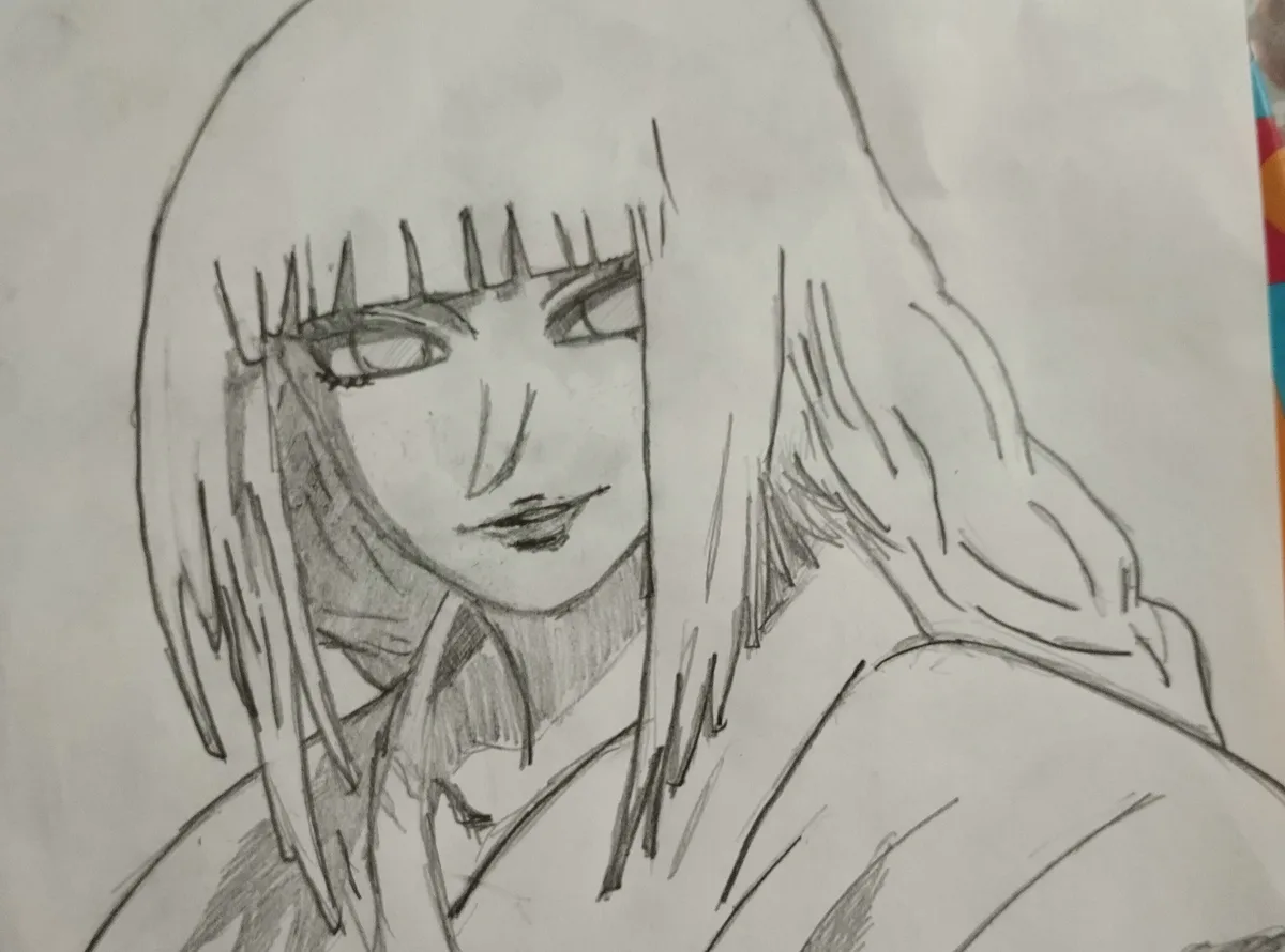 A hand-drawn pencil sketch of an anime-style female character with short, straight hair and bangs, wearing a collared shirt…