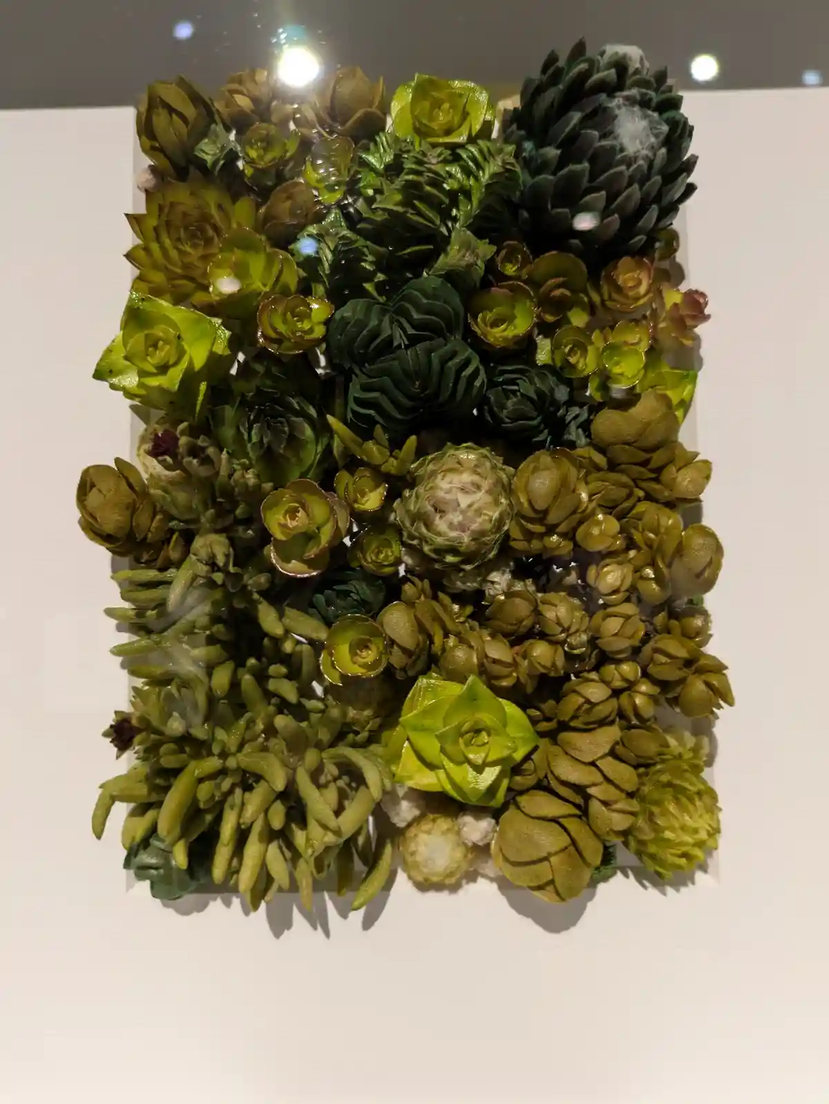 A close-up of a wall-mounted arrangement of various artificial succulents and cacti in shades of green, yellow, and brown…