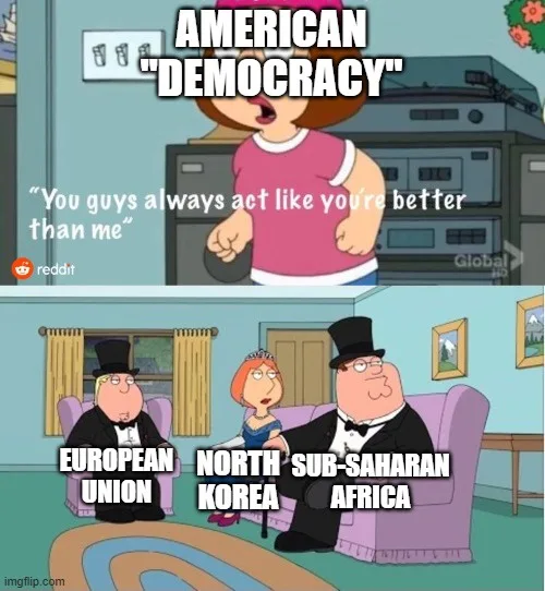 The top panel shows a cartoon girl in a pink shirt yelling "AMERICAN 'DEMOCRACY'" with a subtitle saying "You guys always…