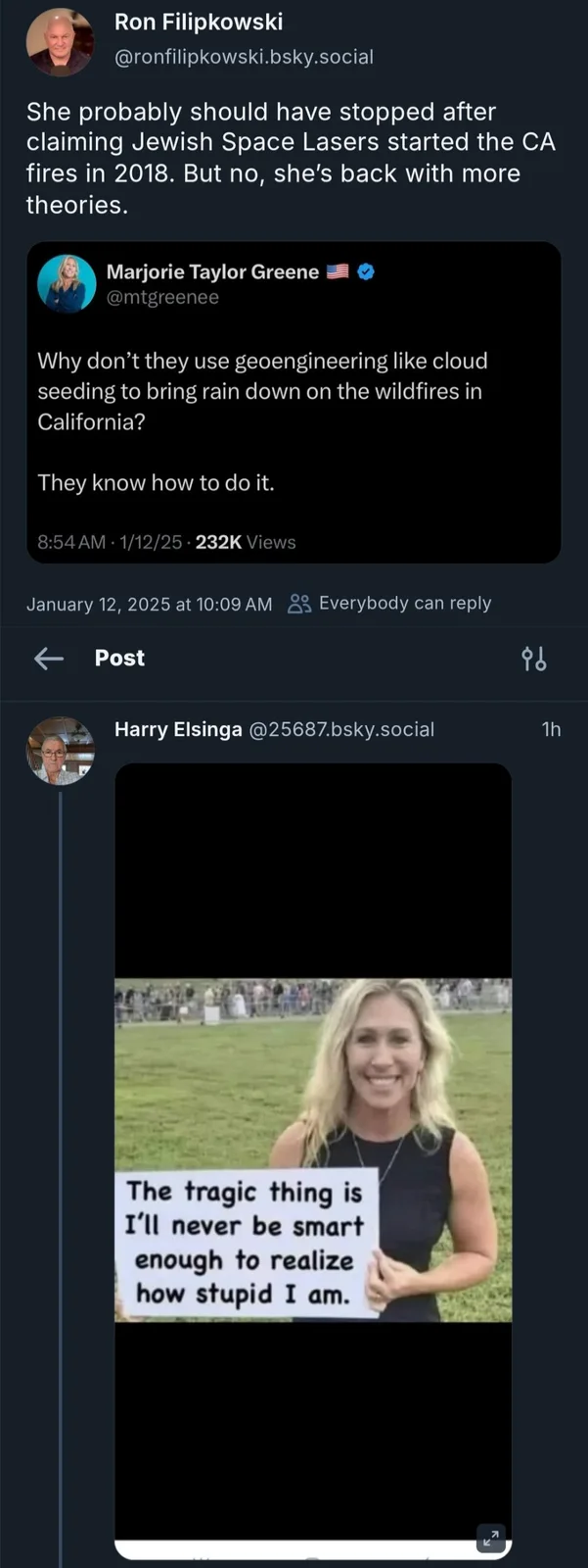 A screenshot of a social media post shows a reply to Marjorie Taylor Greene's tweet suggesting cloud seeding to fight…