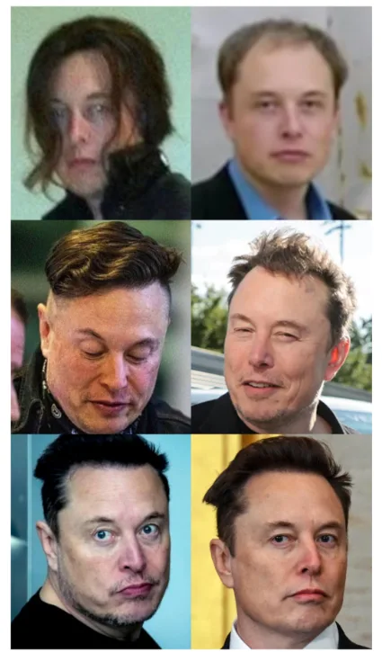 A six-panel grid shows six different photos of Elon Musk, arranged in two columns and three rows. The left column displays…