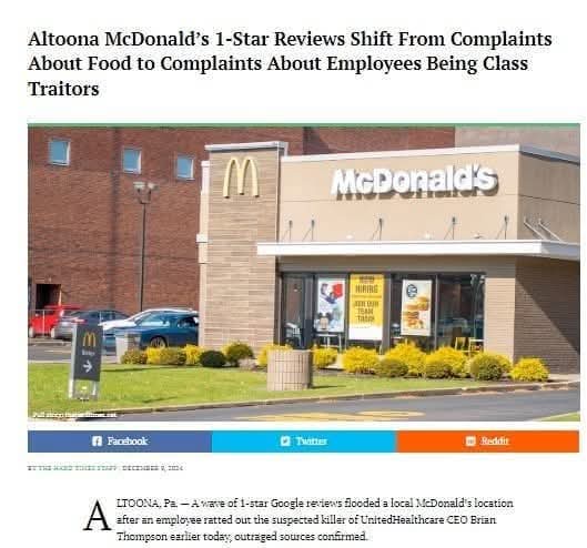 A photo of a McDonald's restaurant with the headline overlaid: 'Altoona McDonald's 1-Star Reviews Shift From Complaints…