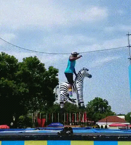 A sequence of six images shows a person in a blue shirt and black shorts performing acrobatic flips while riding a large…